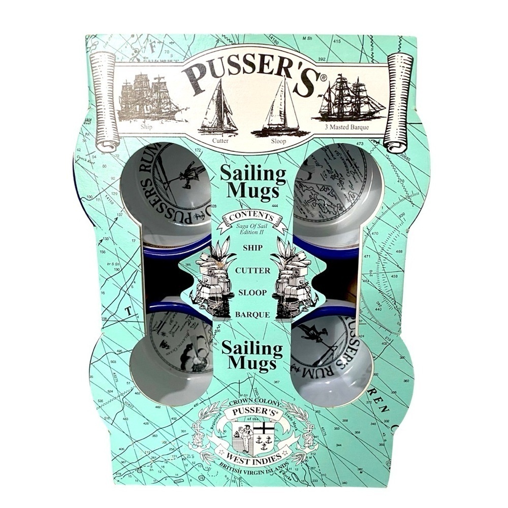 New Vintage Pusser’s Rum British Sailing 4 Set Mugs Emamel Tin Barware Deadstock